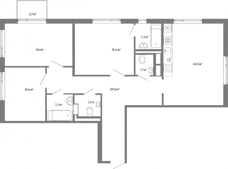 Трёхкомнатная квартира 95 м²