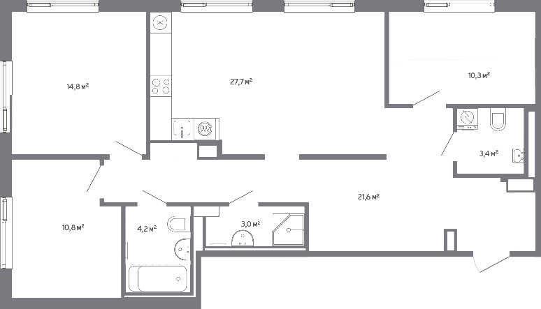 Трёхкомнатная квартира 95.8 м²